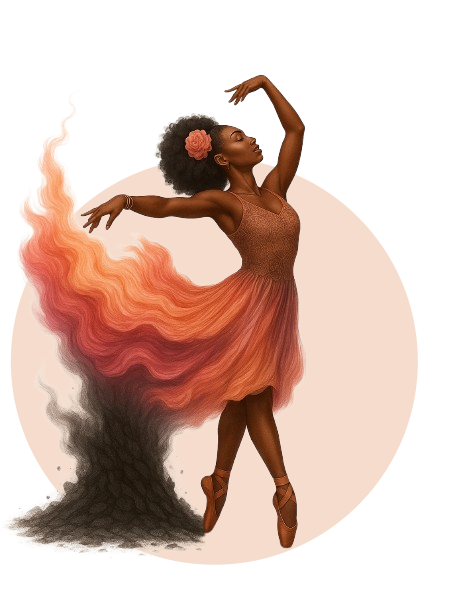A graceful woman dances, her fiery skirt blending into smoke.