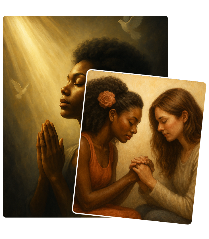 Two images showing women in prayerful and intimate moments of connection.